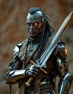 The primary subject of the image is a man dressed in futuristic armor, holding a sword. He appears to be a warrior or a character from a science fiction story. The setting is a rocky outdoor environment, with the man standing in front of a rocky wall. The visual style of the image is a combination of photo and digital art, creating a unique and intriguing scene. The colors and mood of the image are dark and dramatic, emphasizing the warrior's fierce and powerful presence.